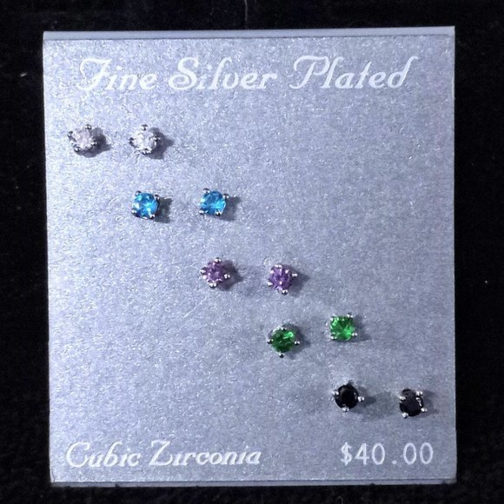 Fine Silver Plated Earrings Set 5‎ Pair Cubic Zirconia New With Tags  #1123